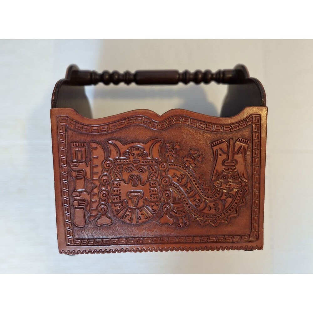 Leather Magazine Vinyl Album Rack Hand Tooled Peru South America Inca Design - Picture 2 of 10